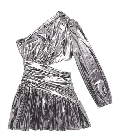 Katie J Tween Valentina Drapey Assymetrical Gunmetal Liquid Silver Dress