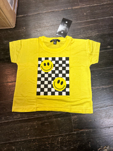 Flowers By Zoe Yellow Checkerboard a smiley Short Sleeve Shirt