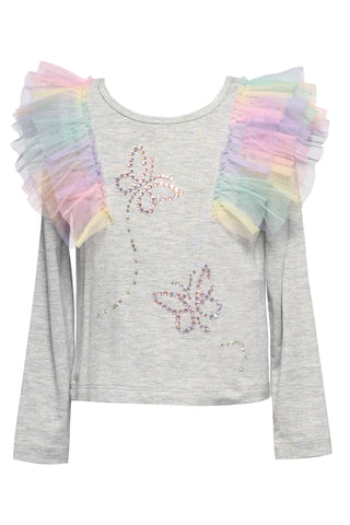 Sara Sara 2 Tiered Rainbow Mesh Tutu Skirt Pink Multi or Long Sleeve Top W/ Rainbow Mesh Ruffle & Butterfly