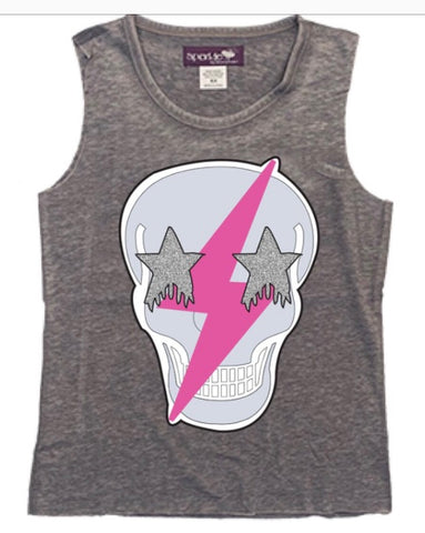 Sparkle By Stoopher Gray Bolt Skull Muscle Tank