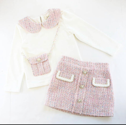 White & Pink Tweed Mix Top W/Purse or Button Front Tweed Skirt