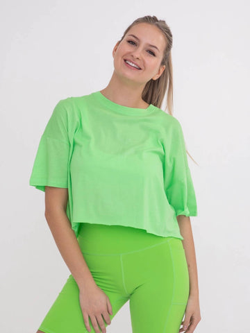 Mono B Bright Green Relaxed Fit Raw Edge Cropped Tee