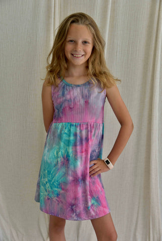 Area Code 407 Pink & Green Tie Dye Rib Curved Bodice Dress