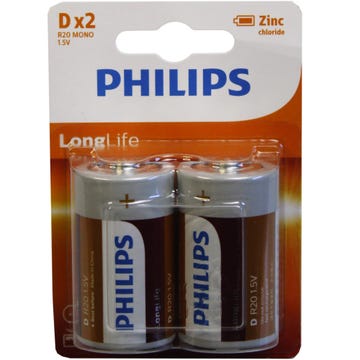 Philips Long Life Zinc Chloride D Battery 2 Pack