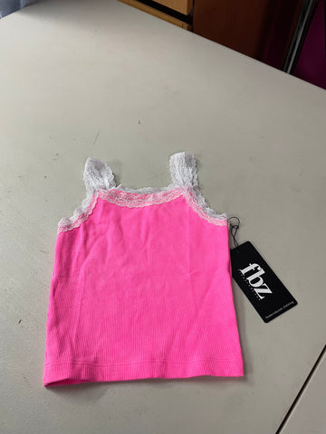Flowers By Zoe Neon Pink Tank With White Lace Trim