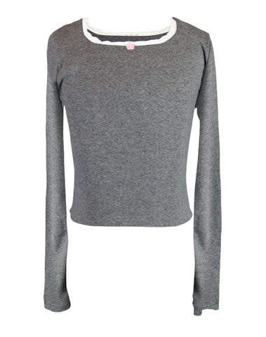 Flowers By Zoe Medium Grey Top With White Lace And Pink Flower