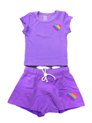 Flowers By Zoe Neon Purple With Stripe Heart  Shorts Or Ribbed Tee Or Ribbed Trim Tank
