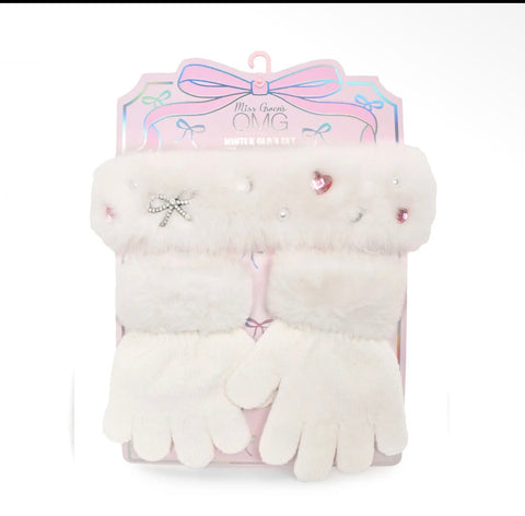 Omg Rhinestone Bow Headband And Gloves Winter Glam Set