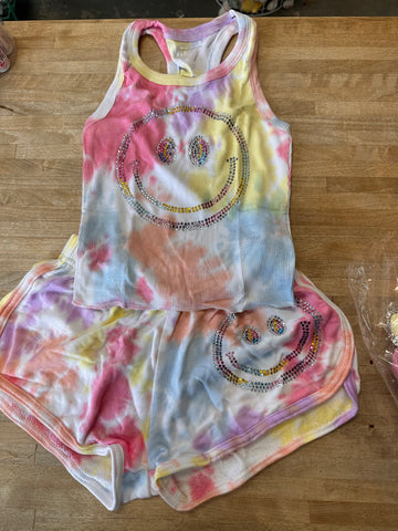 Flowers By Zoe Tie Dye Rhinestone Smiley Tank/Or Shorts