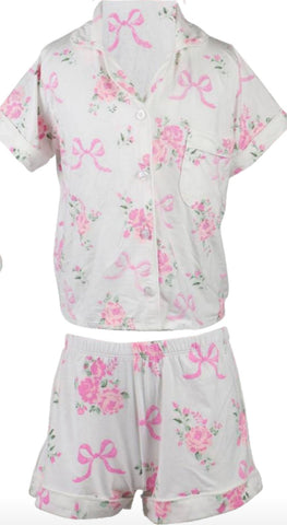 Flowers By Zoe Pink Bow Short Sleeves and Shorts Pajamas Set