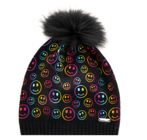 Bari Lynn  Rainbow Smiley Foil  Print Hat With Fur