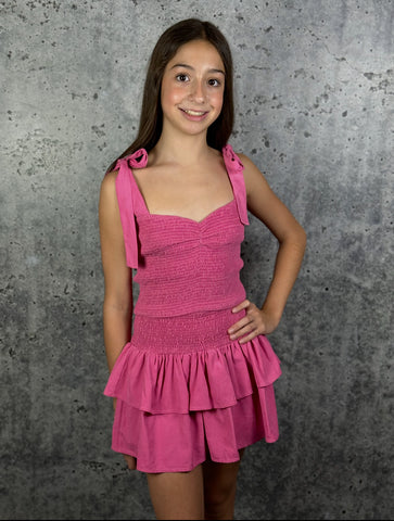 If So Pink Smocked Tie Strap Top And Ruffle Skirt Set