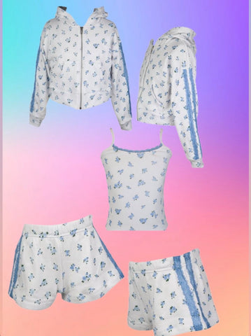 Flowers By Zoe  Blue Lace Trim Floral Zip Up Hoodie  Cami Or Shorts