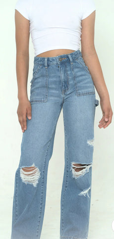 Katie J NYC Juniors Houston Distressed Carpenter Jeans Mid Wash Denim