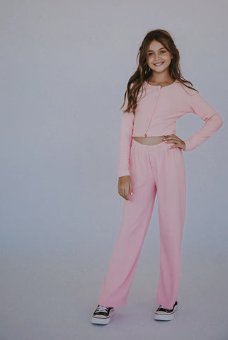 Flowers By Zoe Pink Hacci Button Down Pant Or Cardigan