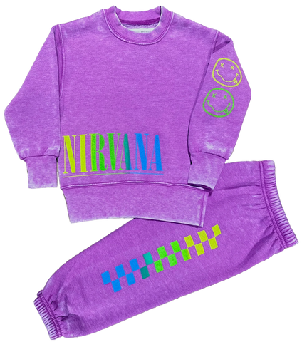 Rowdy Sprout Nirvana Plum Nevermind Crewneck  Or Rainbow Check Sweatpants
