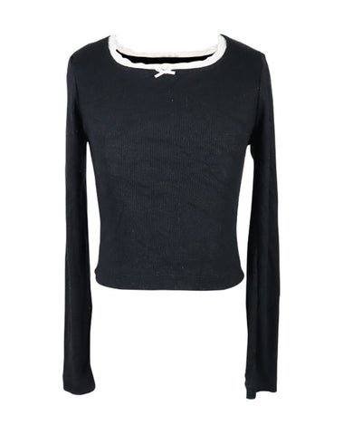 Flowers By Zoe Black Lace Long Sleeve Top With white Bow