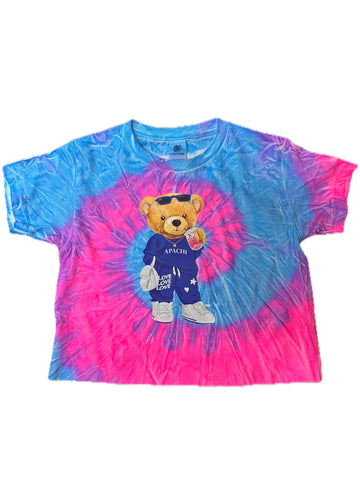 Custom Camp Bear With Drink Shirt On Pink/Purple/Blue Tie Dye Shirt Full Length