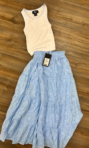 Flowers By Zoe White Tank Top With Lt Blue Pagar Stitching or Eyelet Maxi Skirt