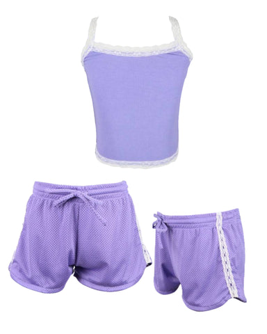 Flowers By Zoe Lavender Shorts With Lace Trim Sides Or Tank With White Lace Trim