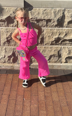 Flowers By Zoe Neon Pink Smocked Top / Shorts Or Wide Flare Pant