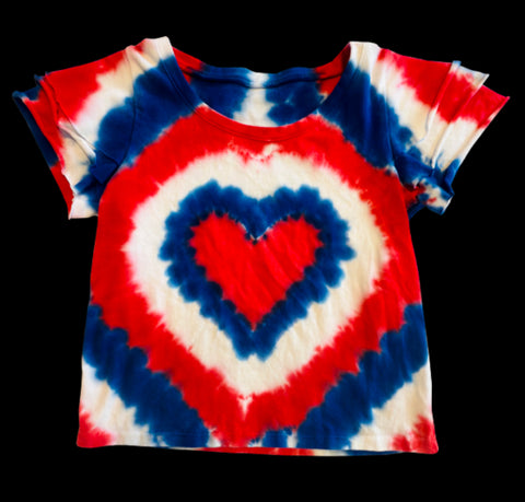 Erge Clothing Tie Dye Ruffle Top Red/White/Blue With Heart