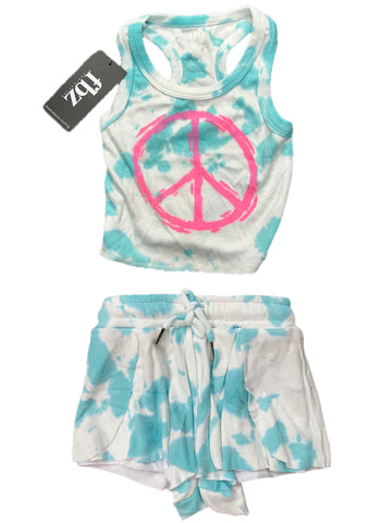 Flowers By Zoe Aqua Tie Dye Ribbed Shorts Or Tank With Pink Peace Sign
