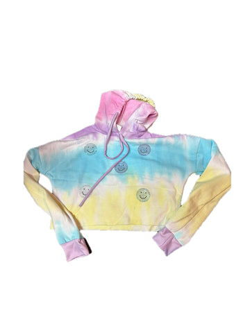 Pink Yellow And Aqua Tie Dye Hoodie With Rhinestone Smiley Faces