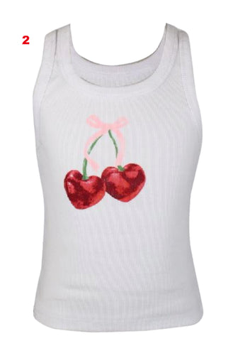 Flowers By Zoe White Ribbed Tank With Cherries 🍒 Or Shorts