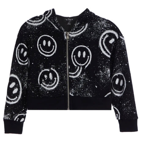 Flowers By Zoe Black Splatter Smiley Zip Up  Hoodie