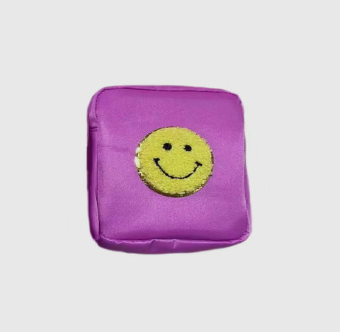 Varsity Collection Nylon Cosmetic Bag Smiley Face Chenille Small