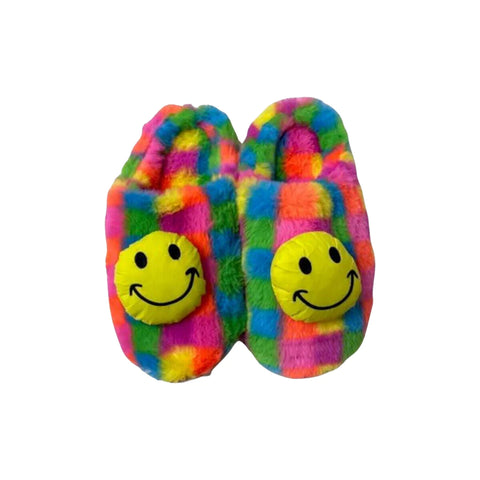 Bari Lynn Rainbow Checkered Smiley Face Slippers