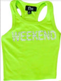 Flowers By Zoe Neon Yellow Weekend Tank With White Wording And Rhinestones