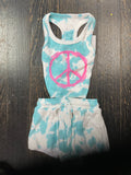 Flowers By Zoe Aqua Tie Dye Ribbed Shorts Or Tank With Pink Peace Sign