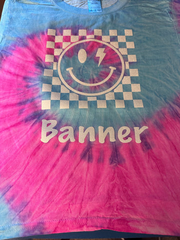 Custom Camp Fluorescent Pink & Blue Tie Dye Camp Checkerboard T-Shirt