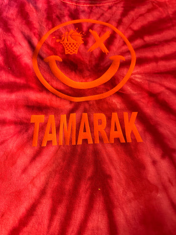 Custom Camp Red Tie Dye Camp T-Shirt With Basketball Smiley