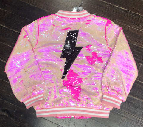 Designs by Frannie Pink Lightning Bolt Sequins Bomber Jacket