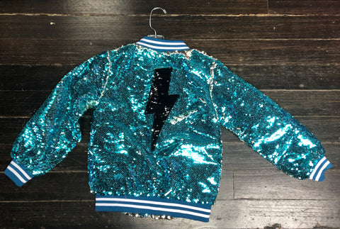 Designs by Frannie Turquoise Lightning Bolt Sequins Bomber Jacket