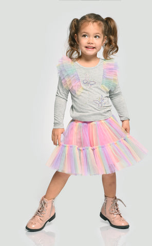 Sara Sara 2 Tiered Rainbow Mesh Tutu Skirt Pink Multi or Long Sleeve Top W/ Rainbow Mesh Ruffle & Butterfly