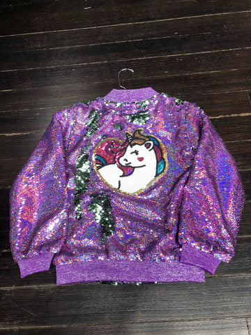 Designs by Frannie Purple Unicorn Sequins Bomber Jacket