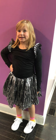Little Olin Black top ,and silver Gathered Skirt