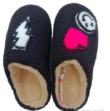 Bari Lynn Smiley/Heart/Bolt Patch Black Slippers