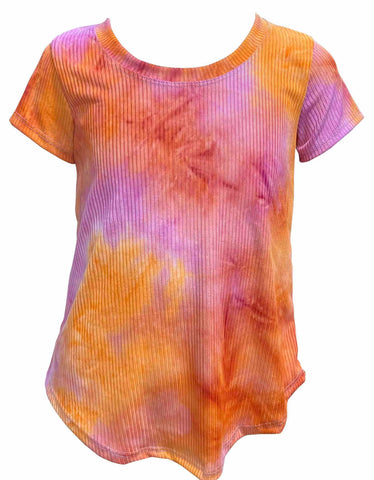 Erge Pink Orange Tie Dye Ribbed Short Sleeve Shirt