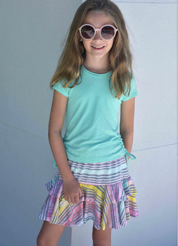Area Code 407 MInt Crepe Viscose Rouched Side Top or Stripe Tie Dye 2 Tier Skirt