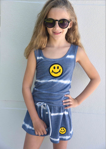 Area Code 407 Denim Blue Yellow Smiley Tank Top or Shorts