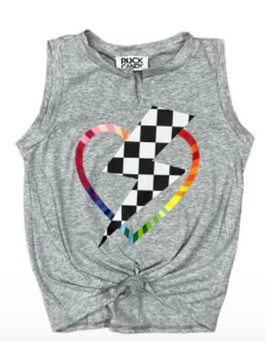 Rock Candy Gray Checker Bolt Tank & Rainbow Heart Shorts